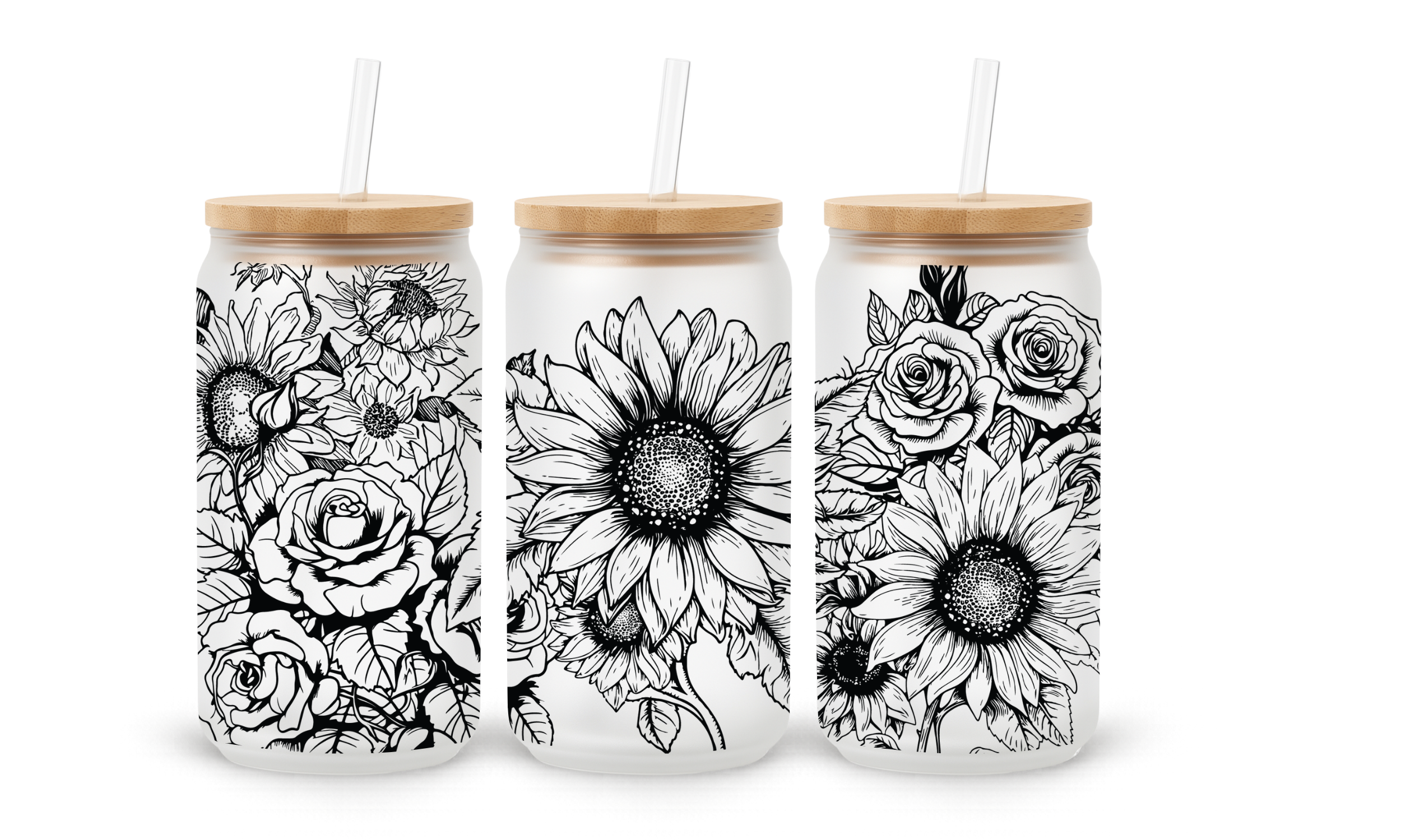 Verre givré 16 oz – Fleurs noir & blanc