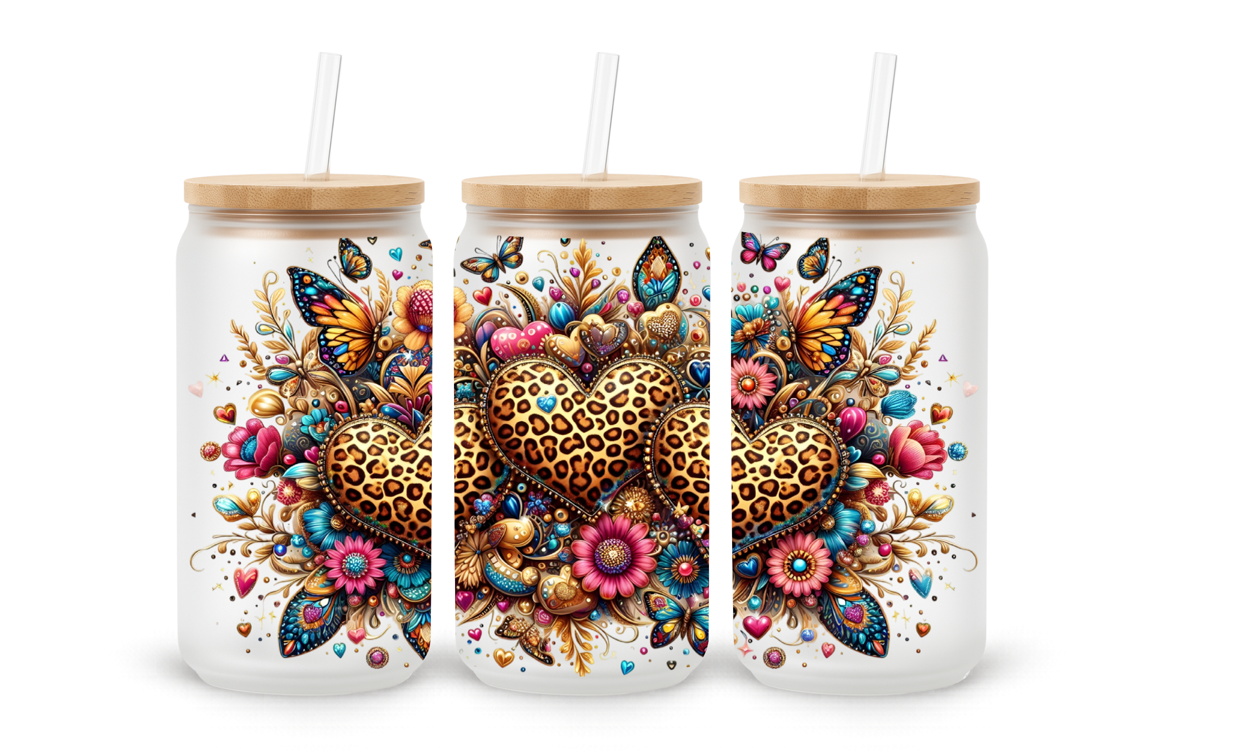Verre givré 16 oz – Cœurs léopard fleuris