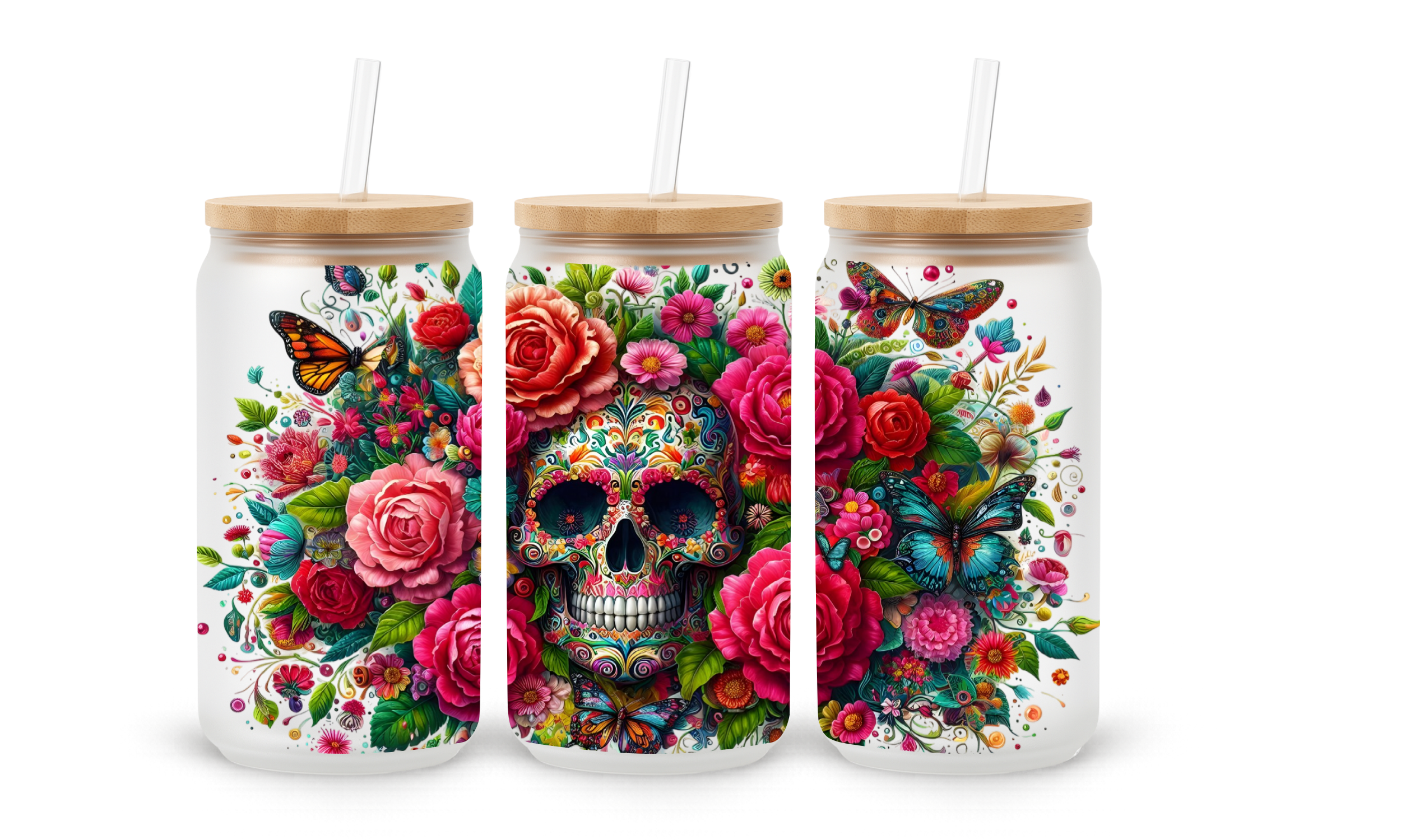 Verre givré 16 oz – Crâne floral coloré