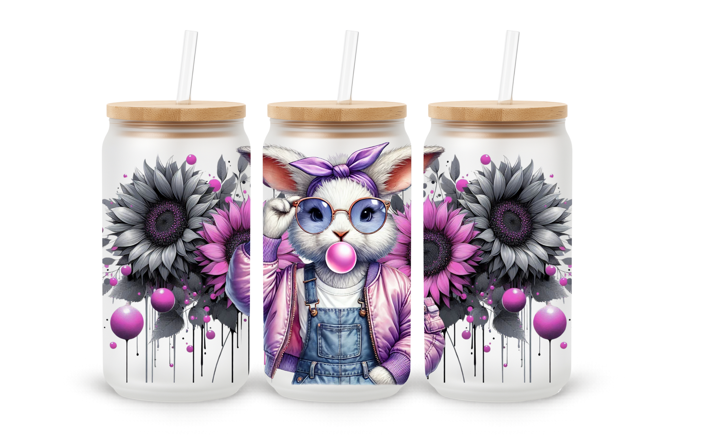 Verre givré bohème 16 oz – Lapin & tournesols mauve