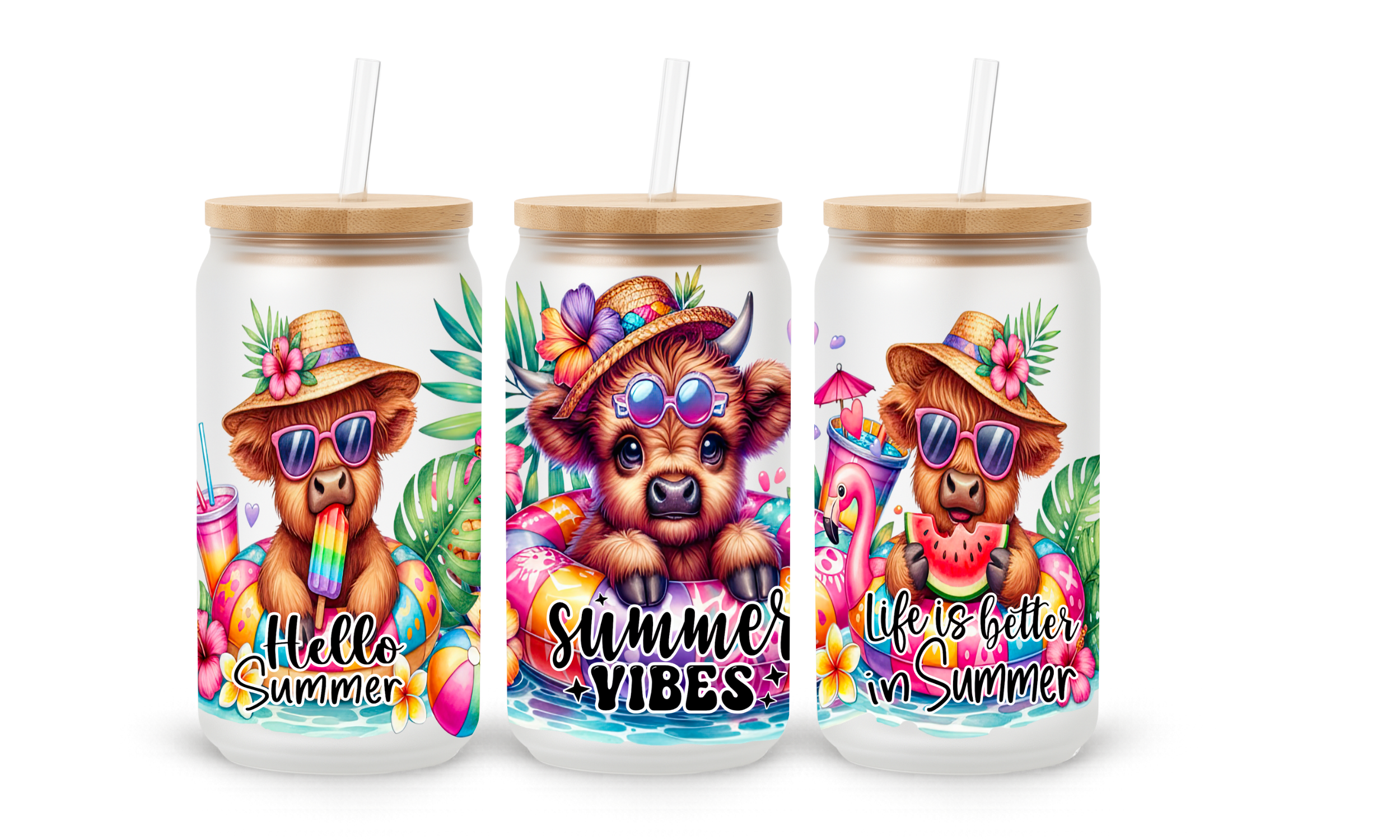 Verre givré 16 oz – Vibes d’été & vache cute
